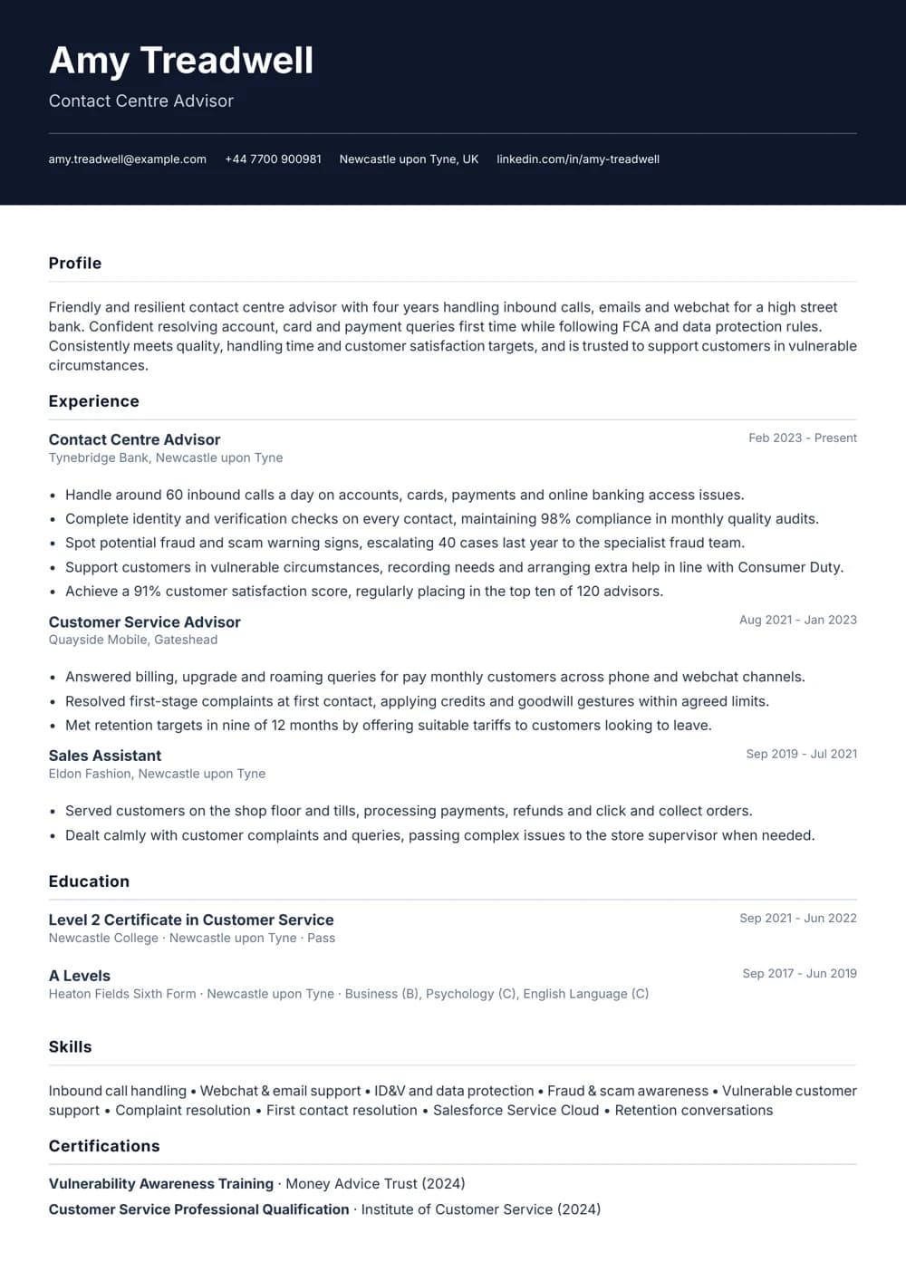 contact centre advisor cv template