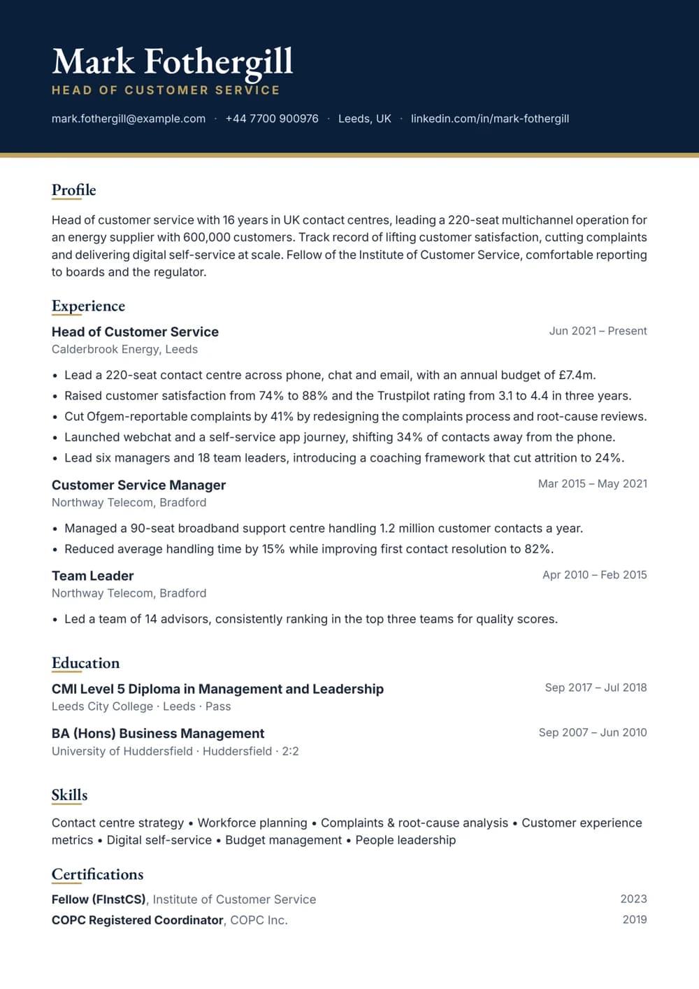 head of customer service cv template