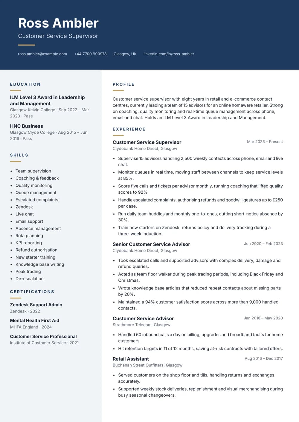 Customer Service Supervisor CV template