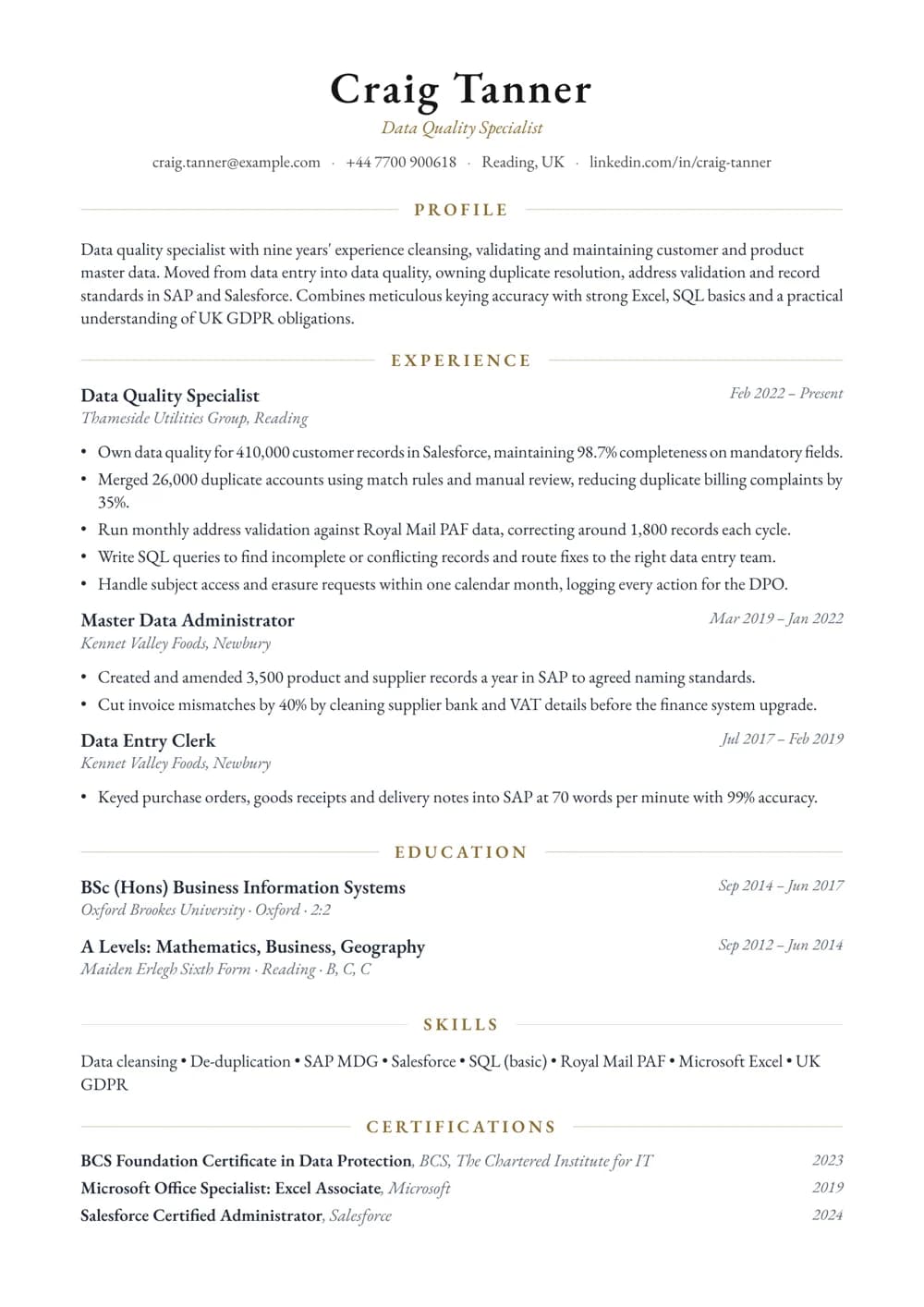 Data Quality Specialist CV template