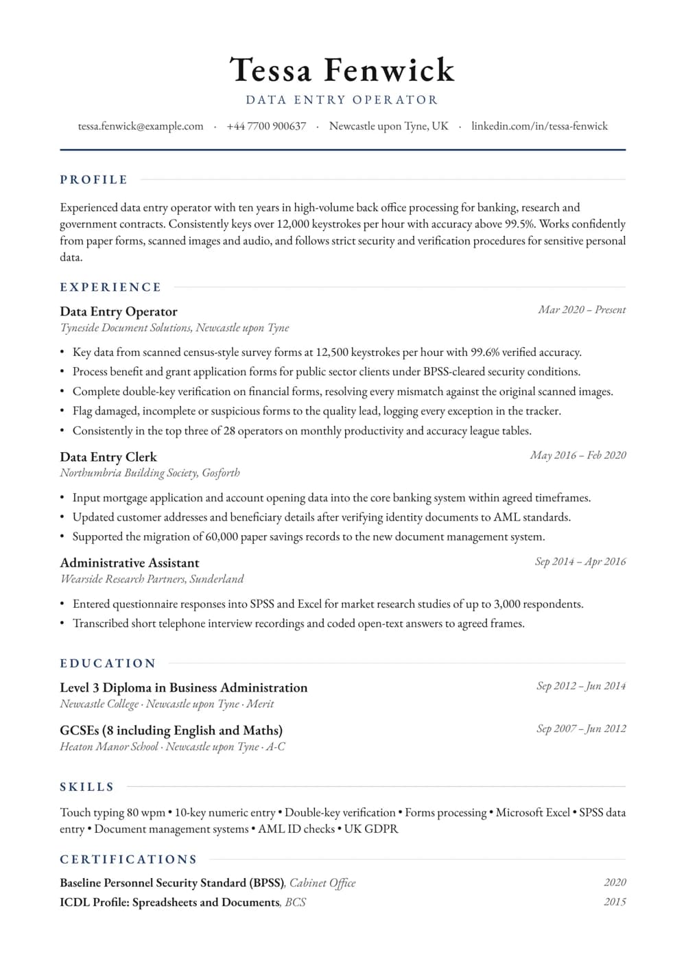Data Entry Operator CV template