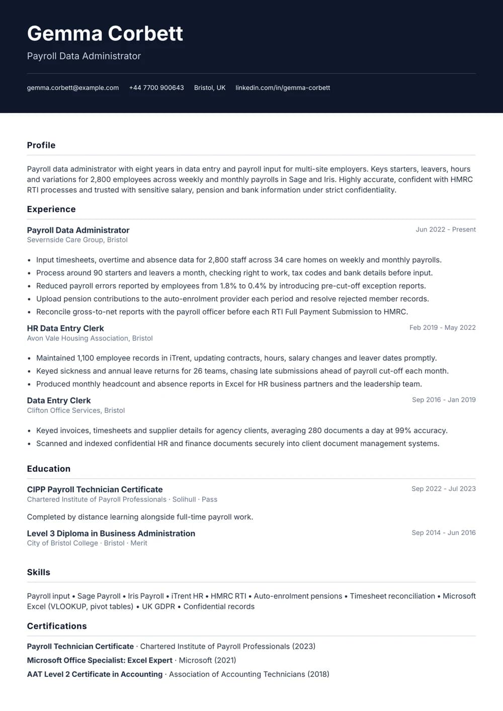 payroll data administrator cv template