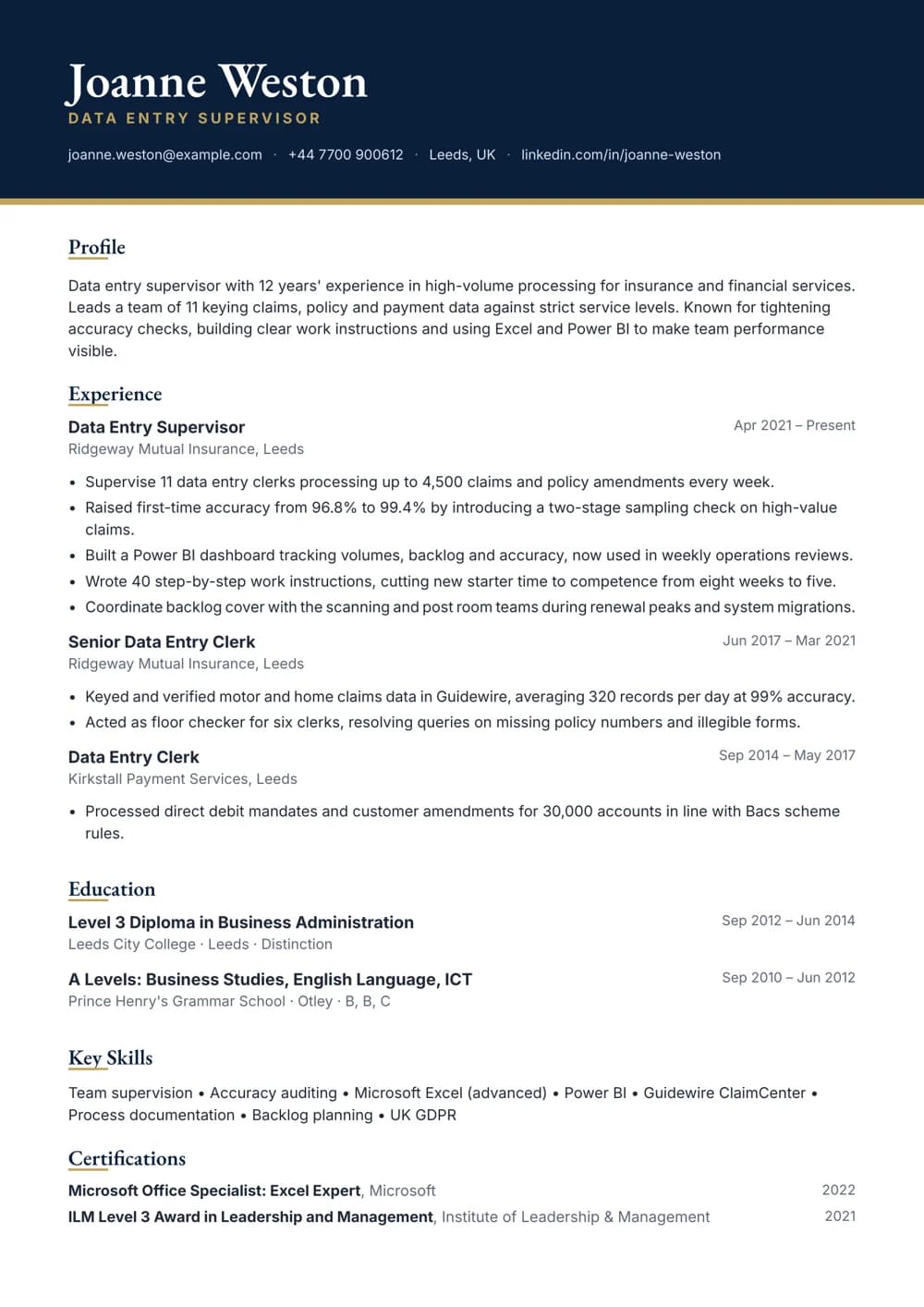 data entry supervisor cv template