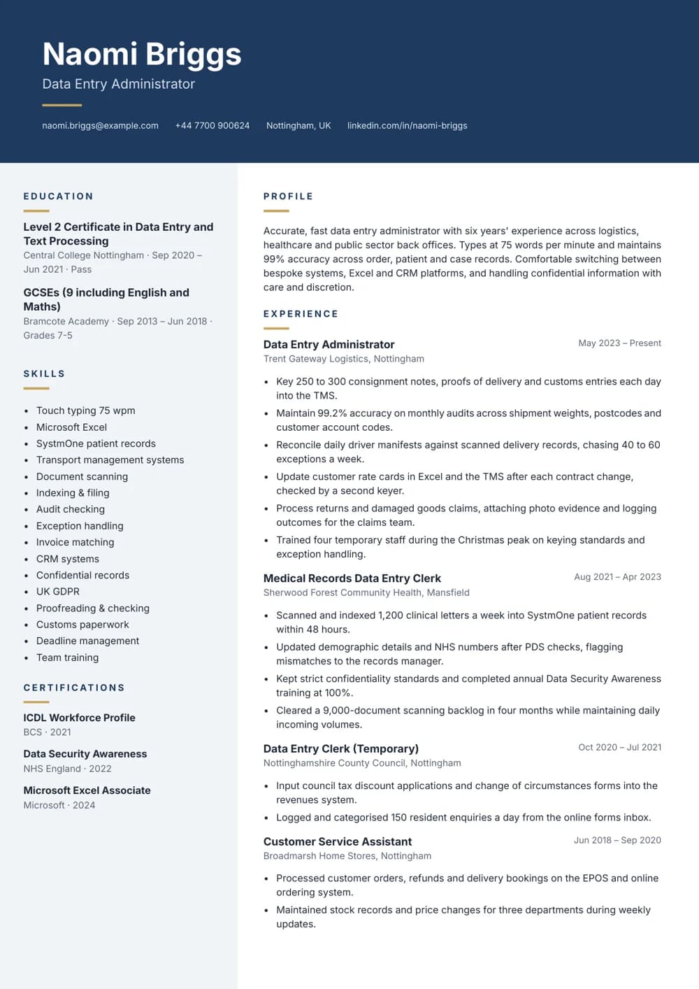Data Entry Administrator CV template