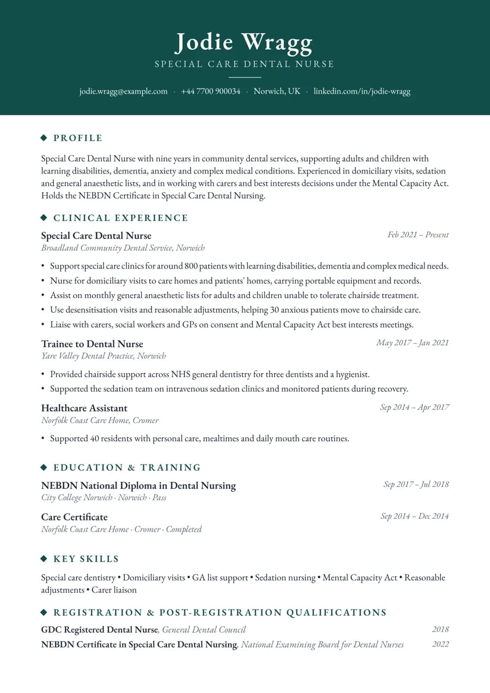 special care dental nurse cv template