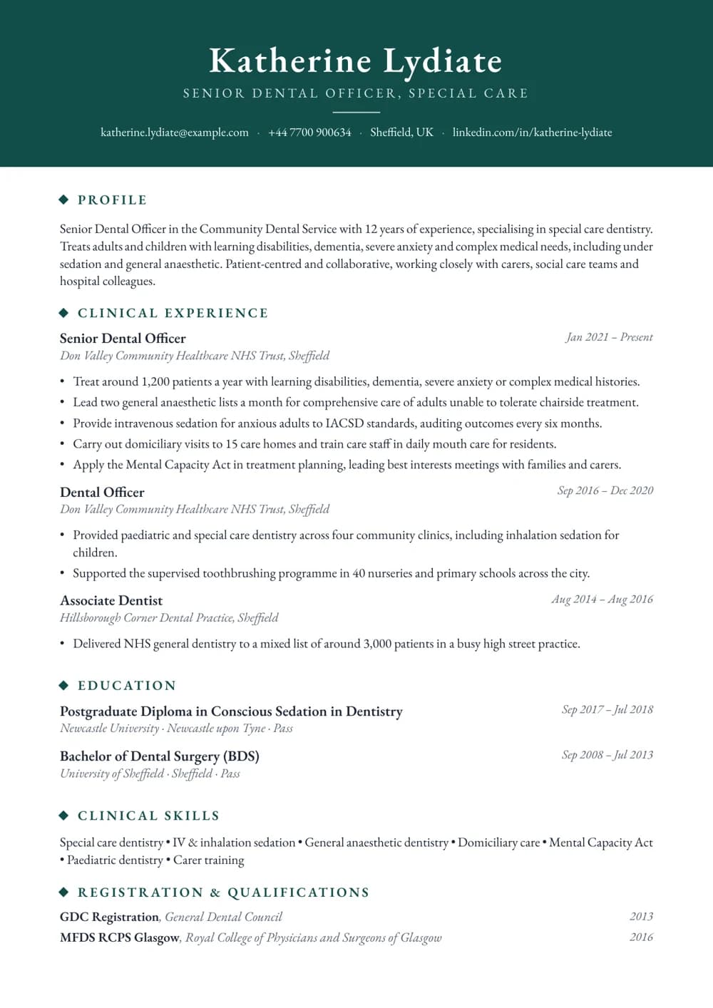 special care dentist cv template