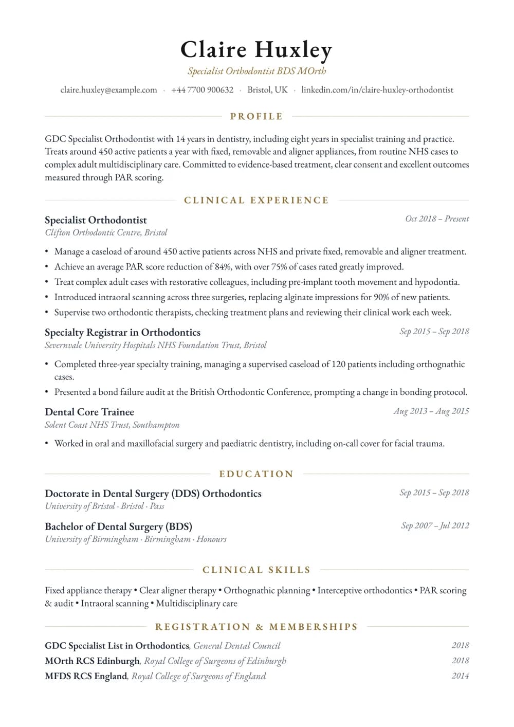 Specialist Orthodontist CV template