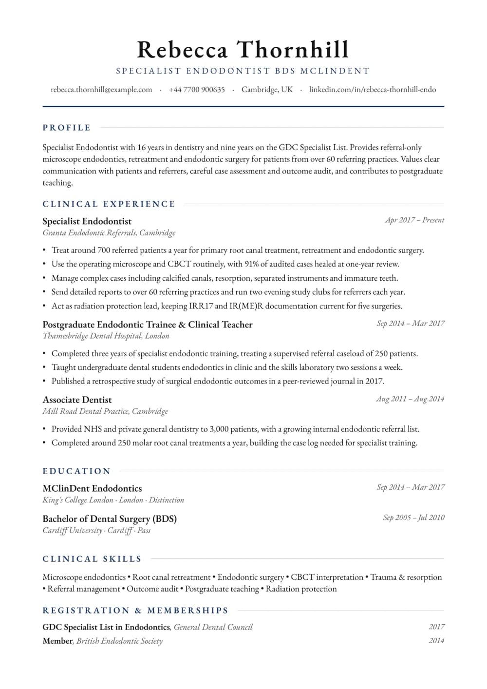 Specialist Endodontist CV template