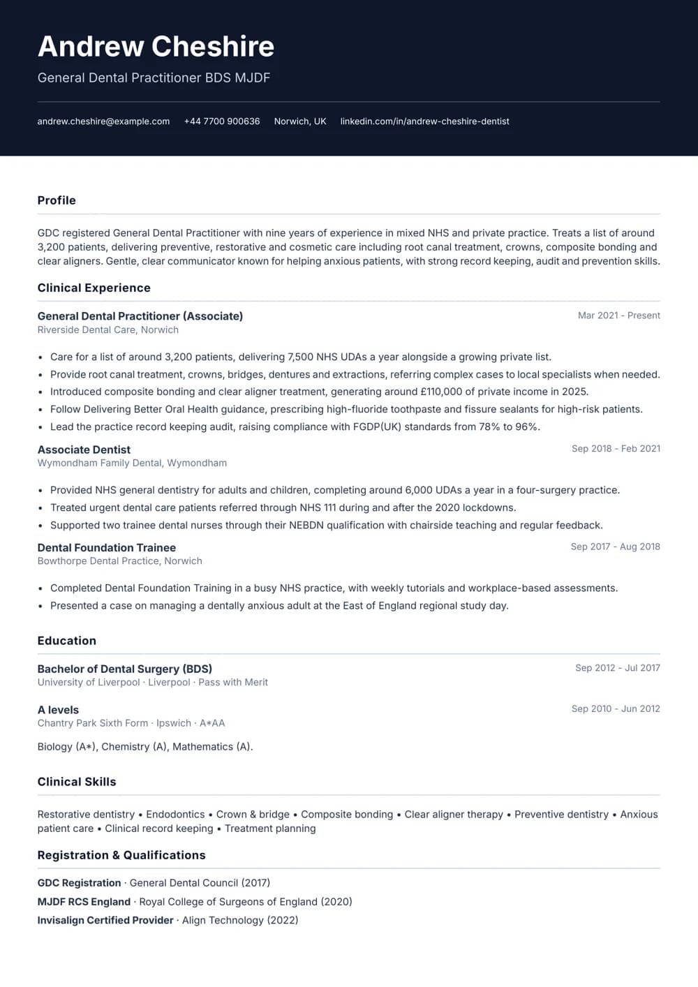 general dental practitioner cv template