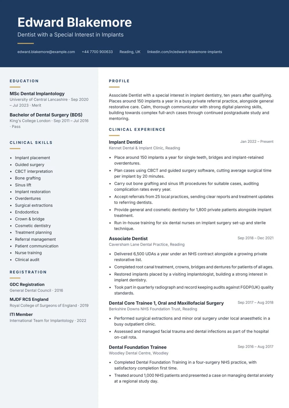 Implant Dentist CV template