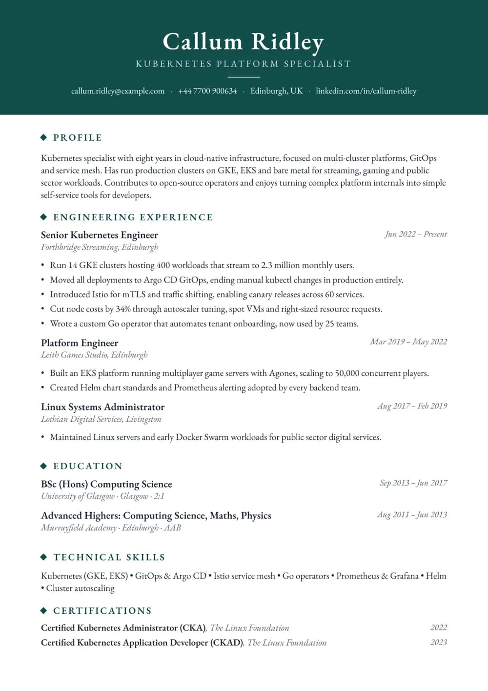 kubernetes specialist cv template