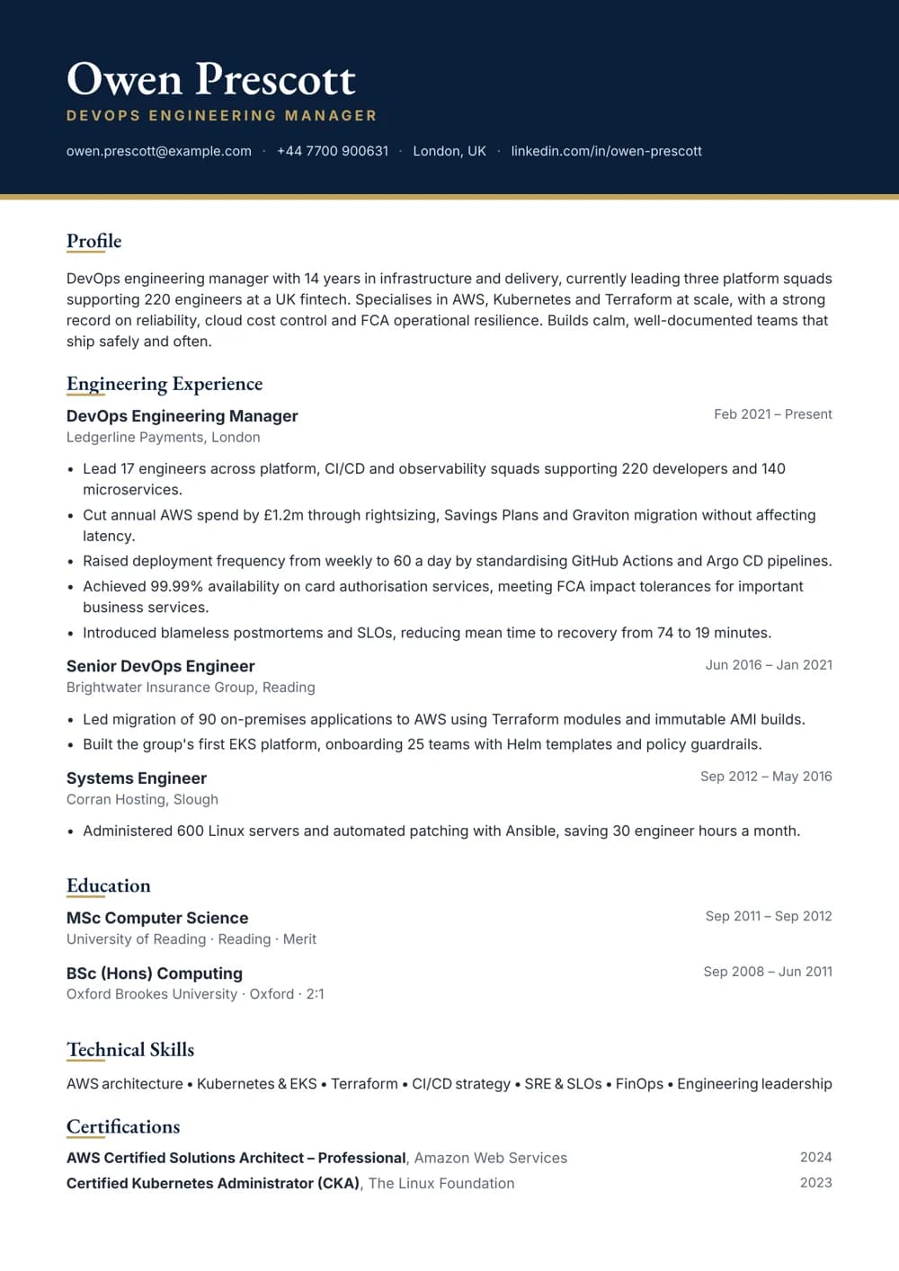 devops engineering manager cv template