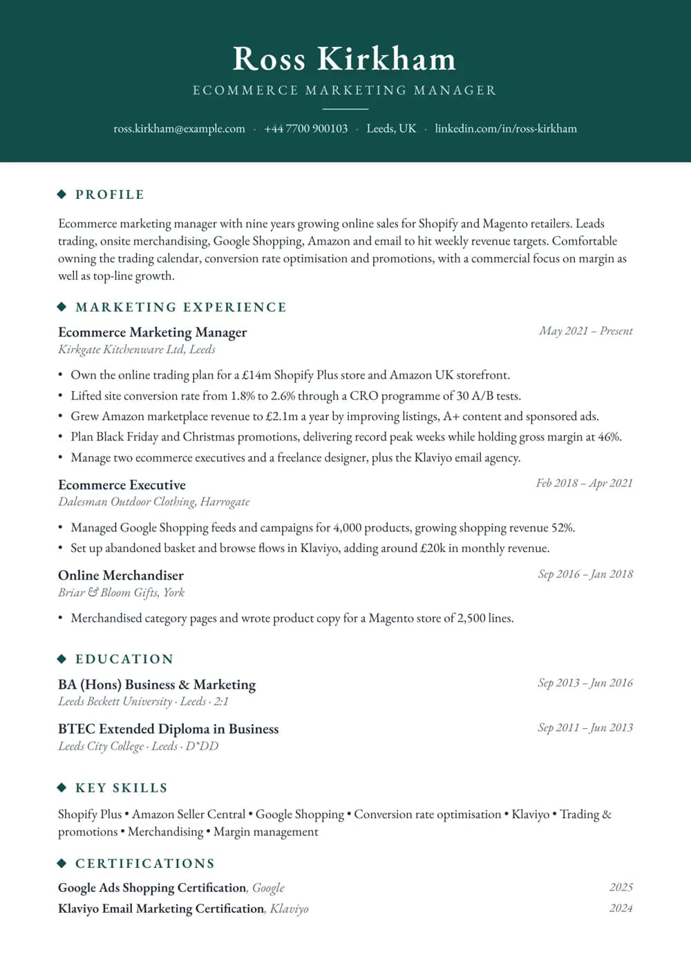 ecommerce marketing manager cv template