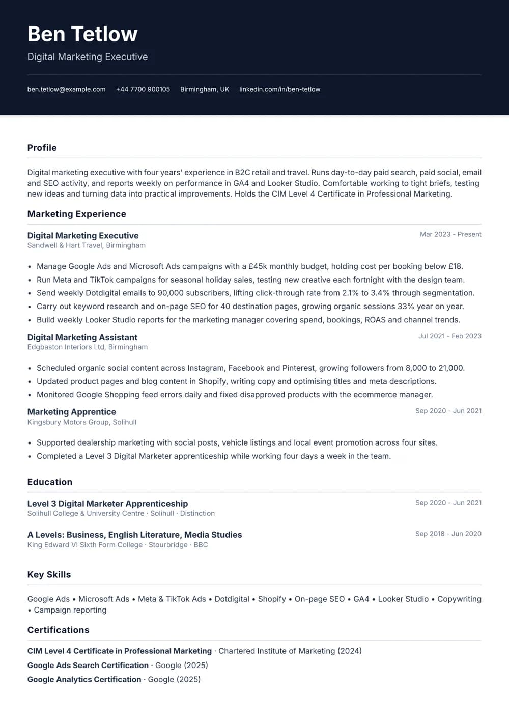 digital marketing executive cv template