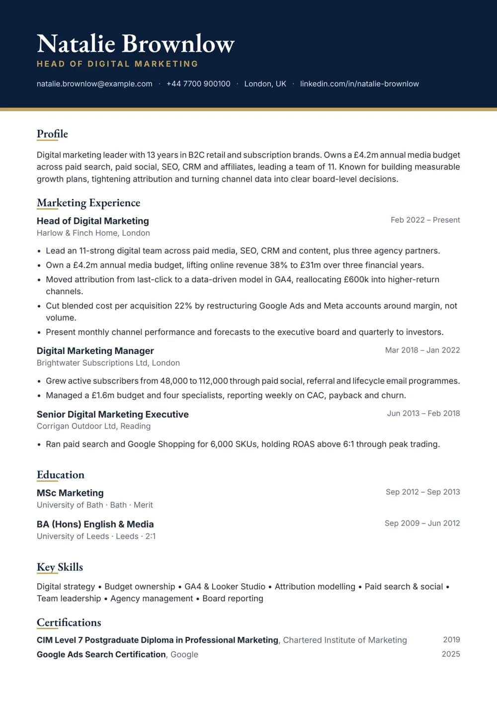 head of digital marketing cv template