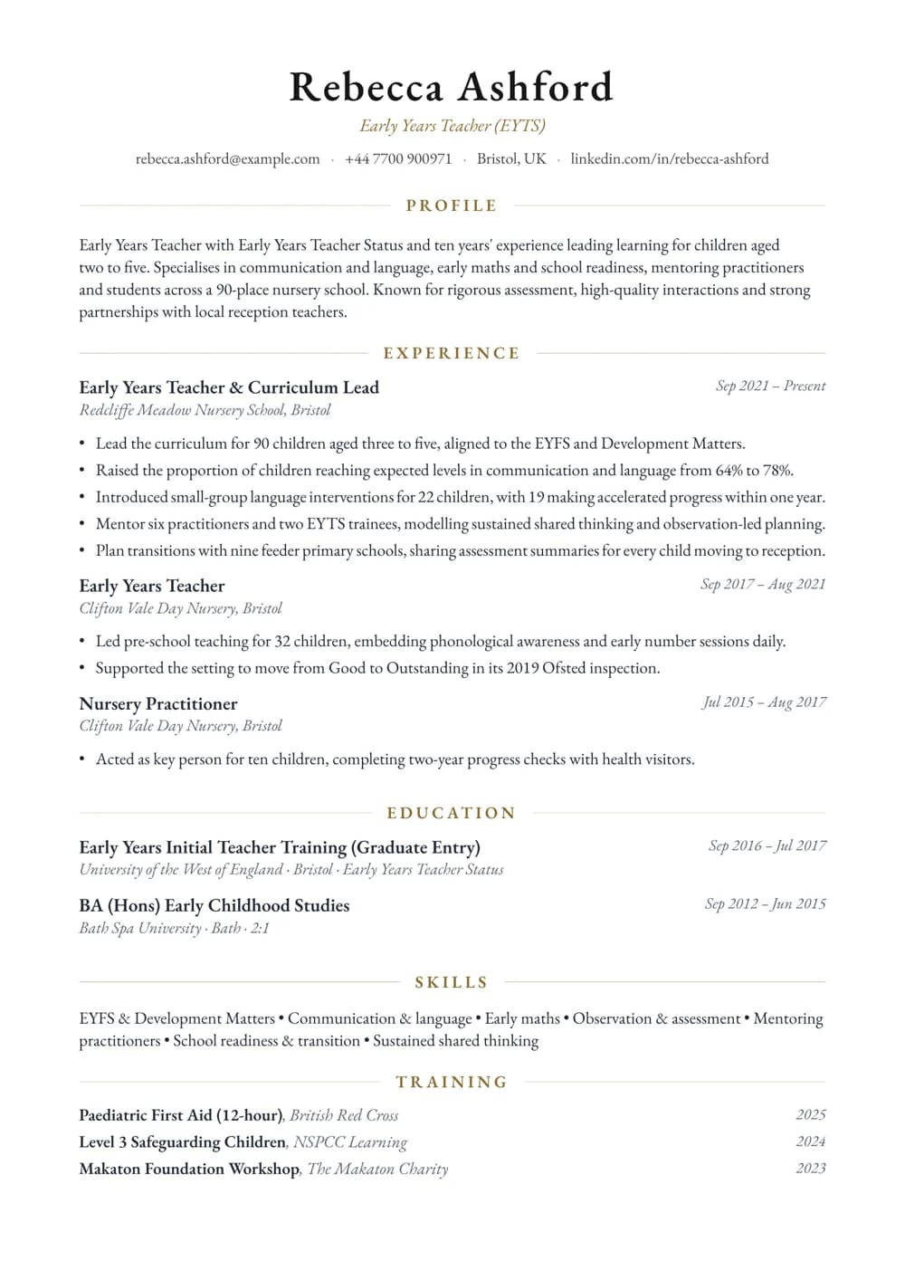 Early Years Teacher CV template