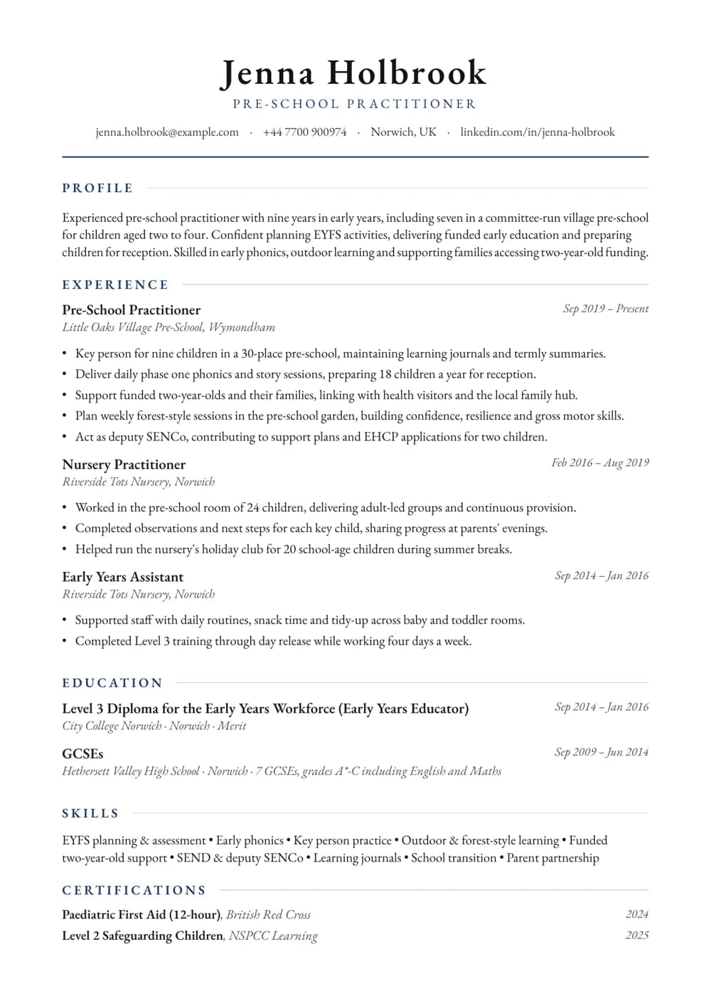Pre-School Practitioner CV template