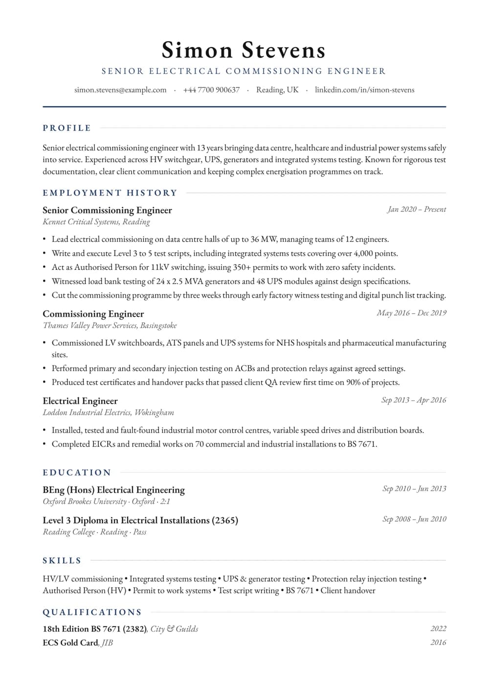 Commissioning Engineer CV template