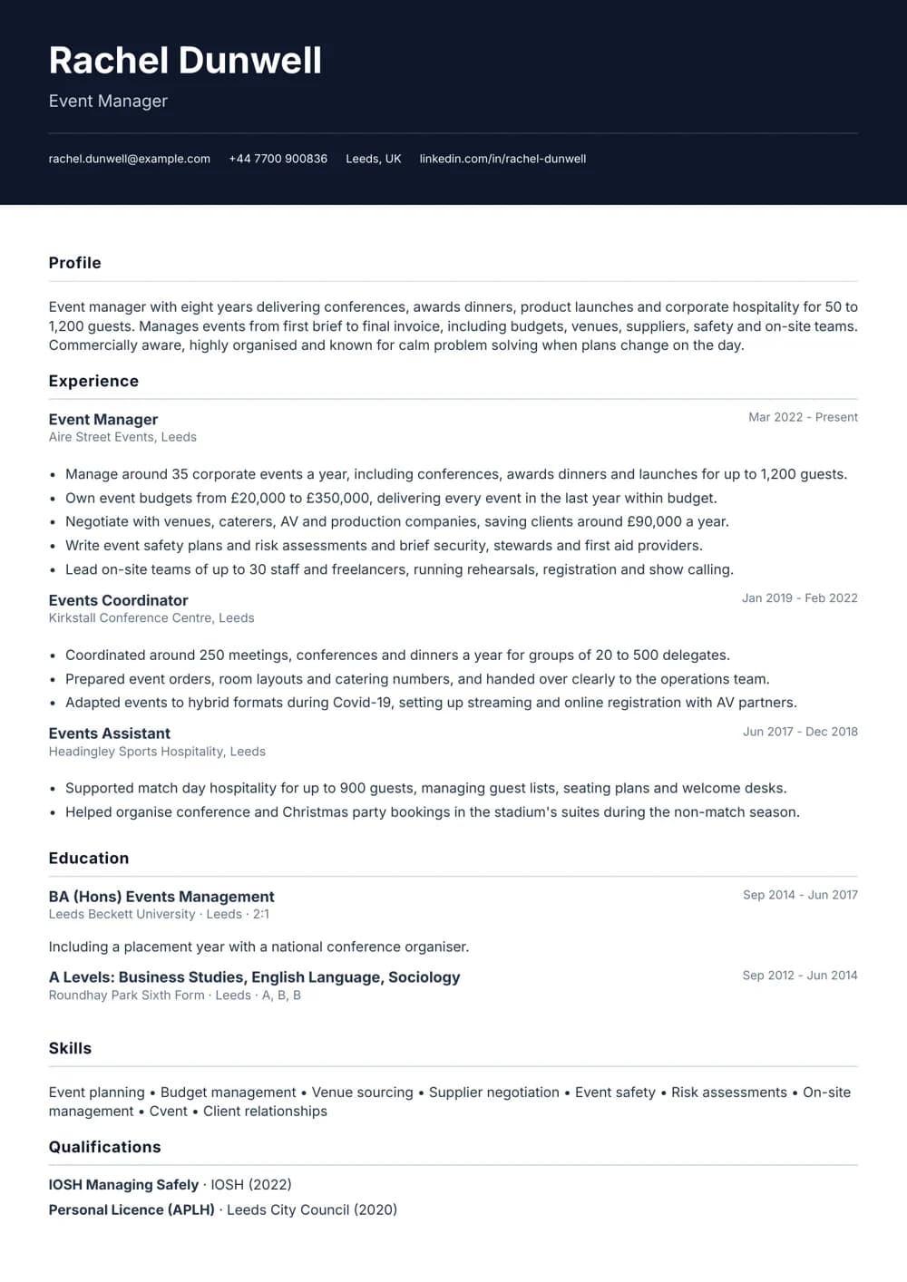 event manager cv template