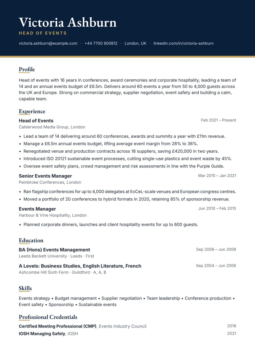 head of events cv template