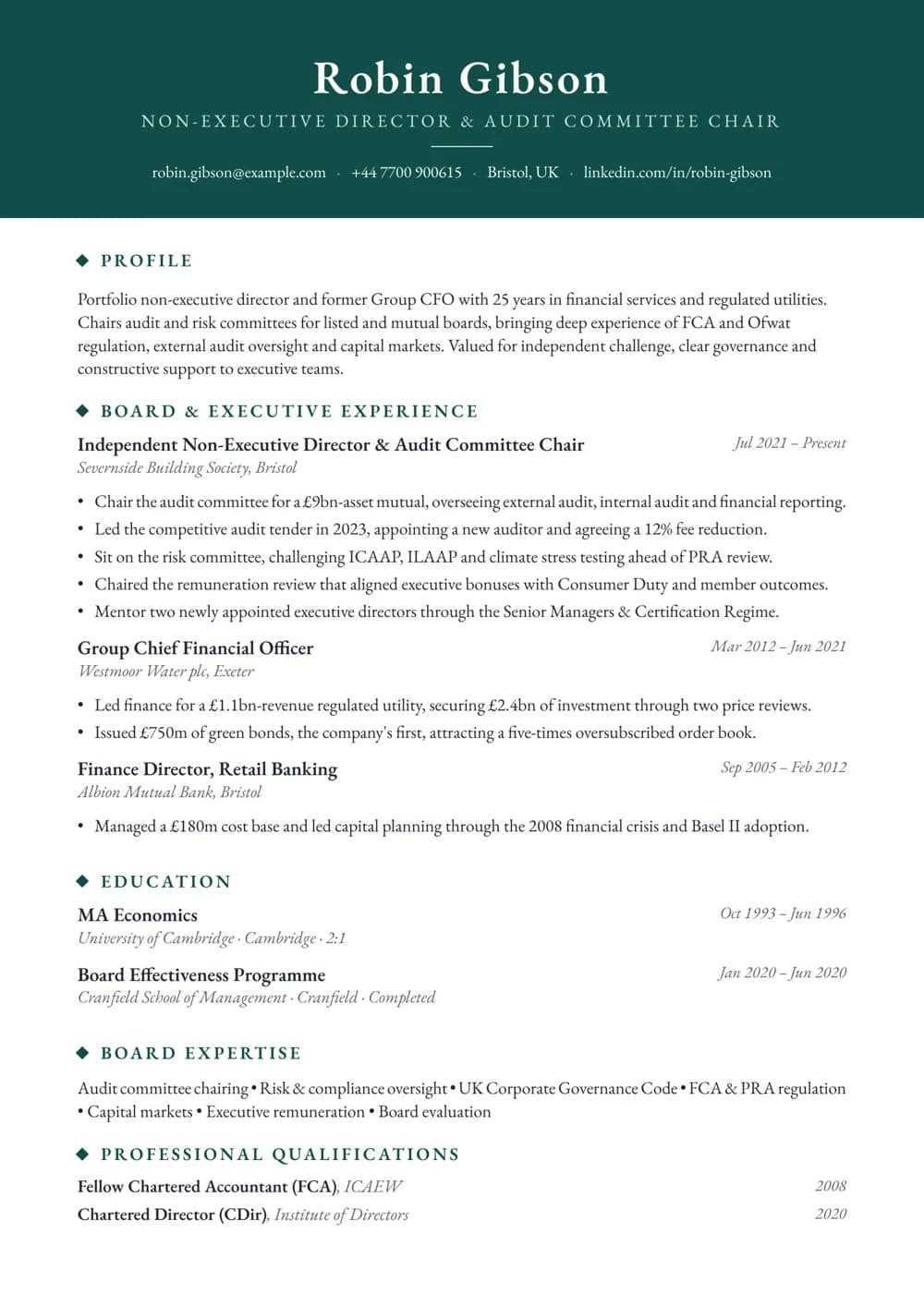 free executive cv template non-executive director