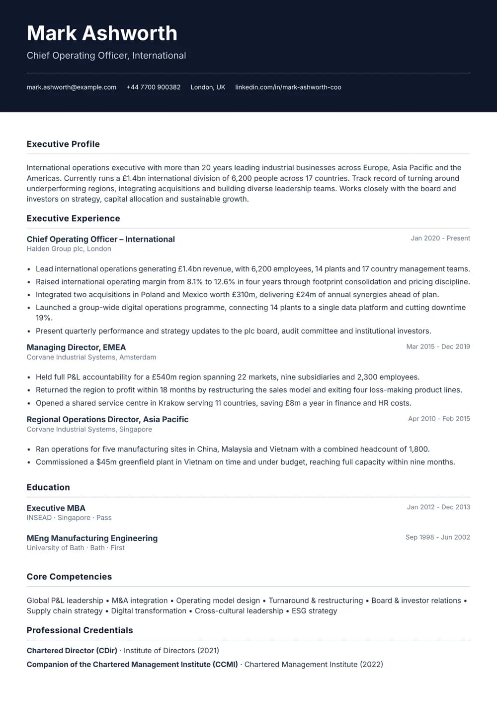 free executive cv template global leader