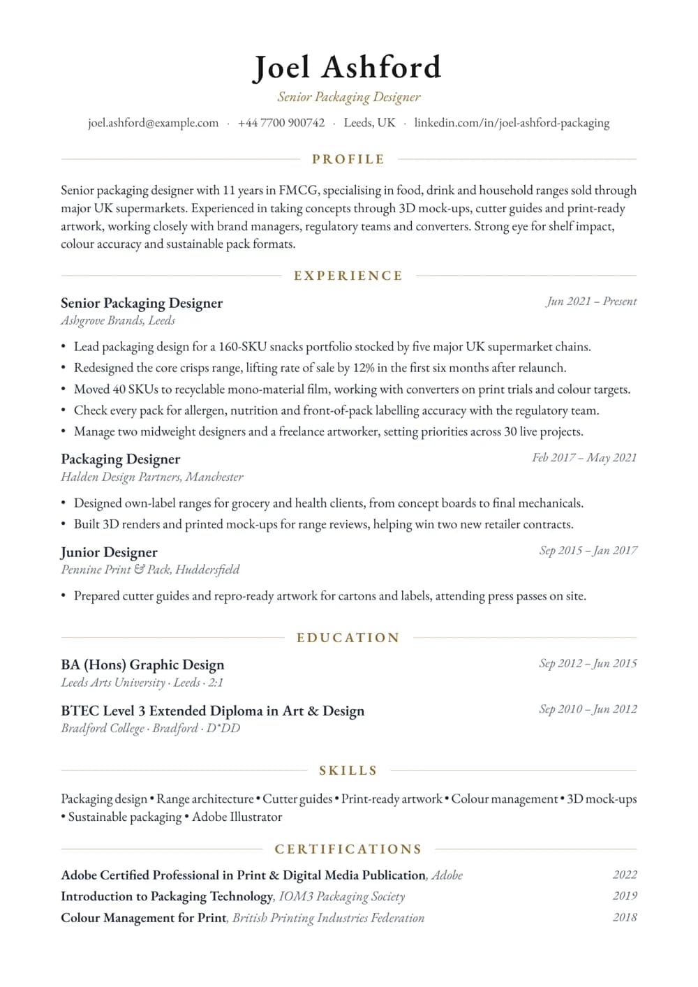 Senior Packaging Designer CV template