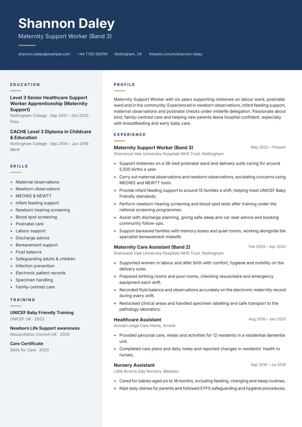 Maternity Care Assistant CV template