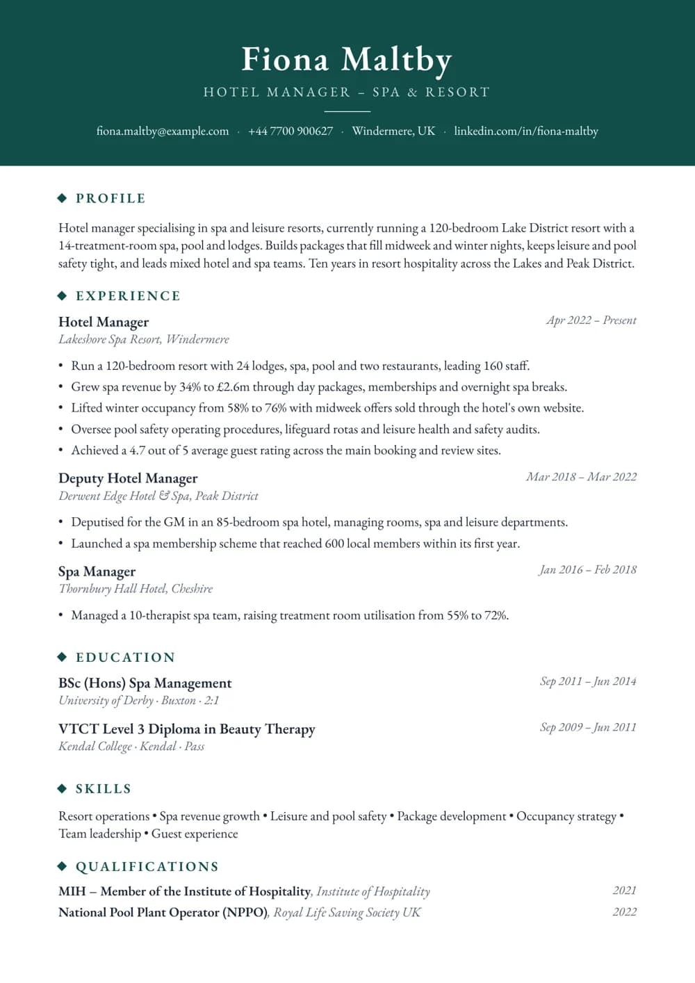spa & resort hotel manager cv template
