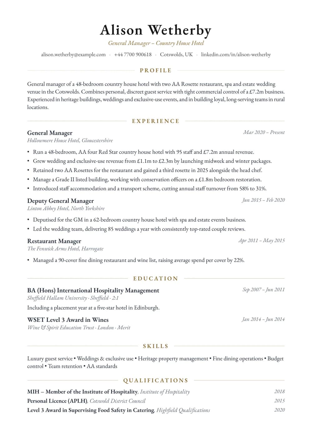 Country House Hotel Manager CV template