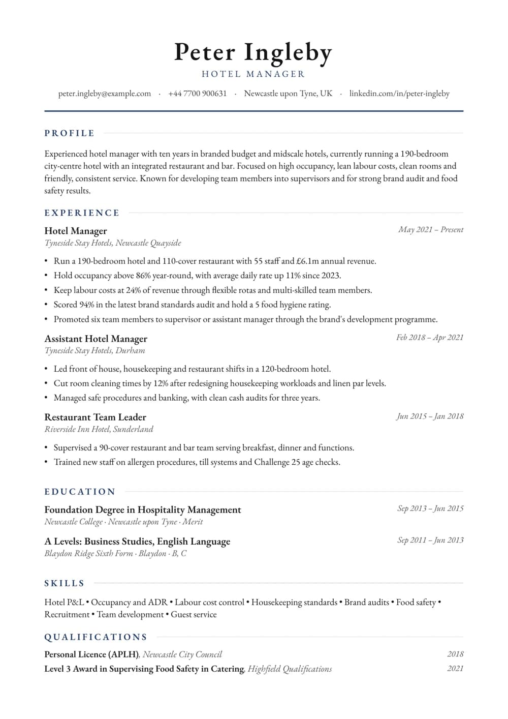 Budget Hotel Manager CV template
