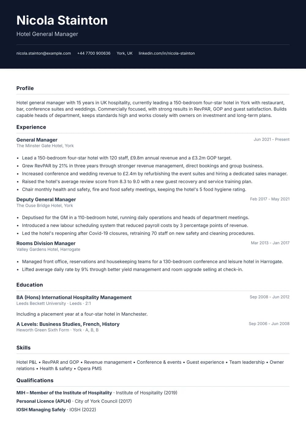 hotel general manager cv template