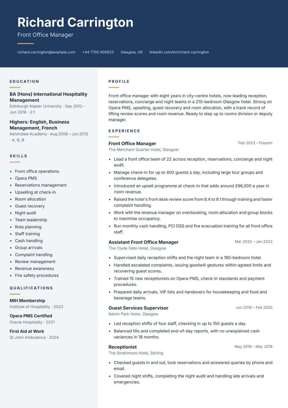 Front Office Manager CV template