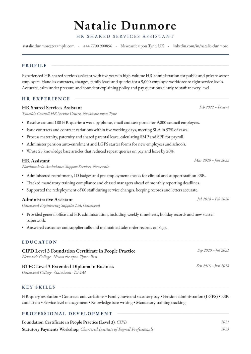 HR Shared Services Assistant CV template