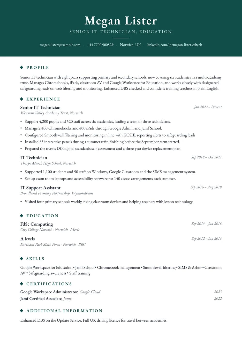 school it technician cv template