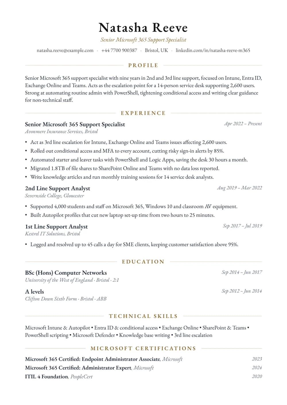 Microsoft 365 Support Specialist CV template