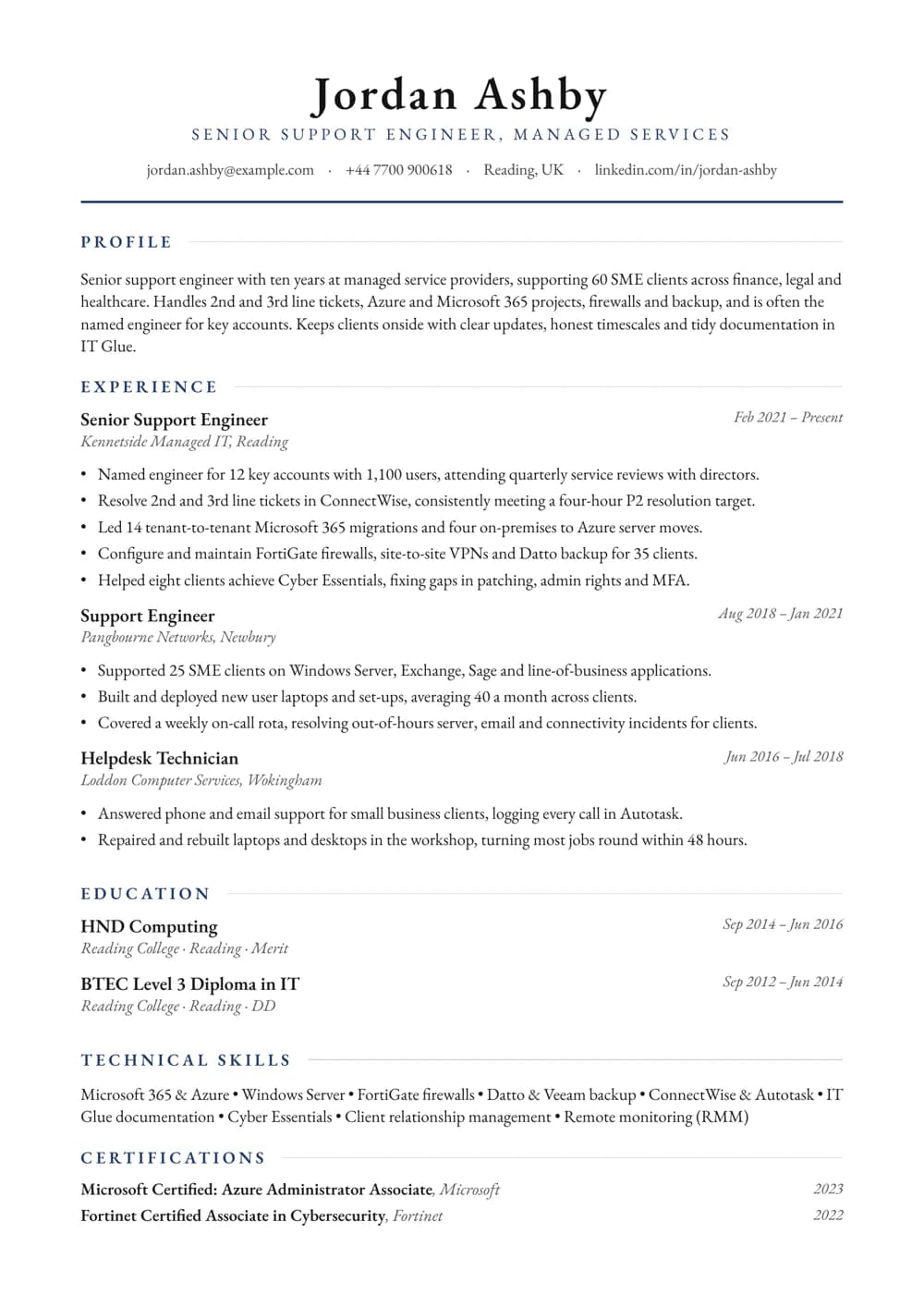 MSP Support Engineer CV template