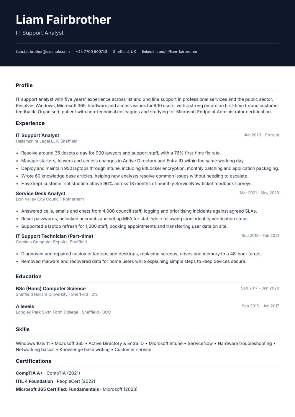 it support analyst cv template