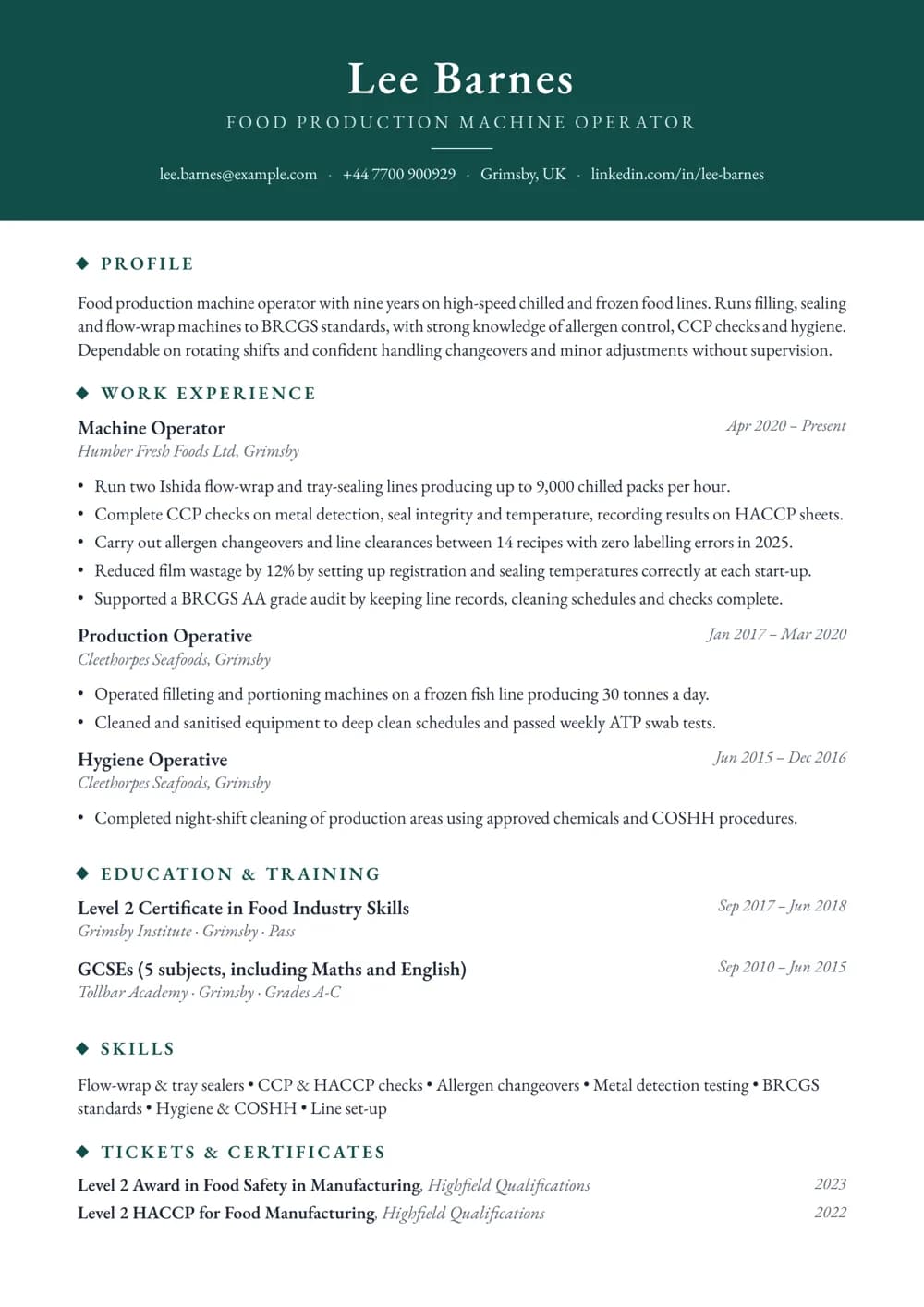 food production operator cv template