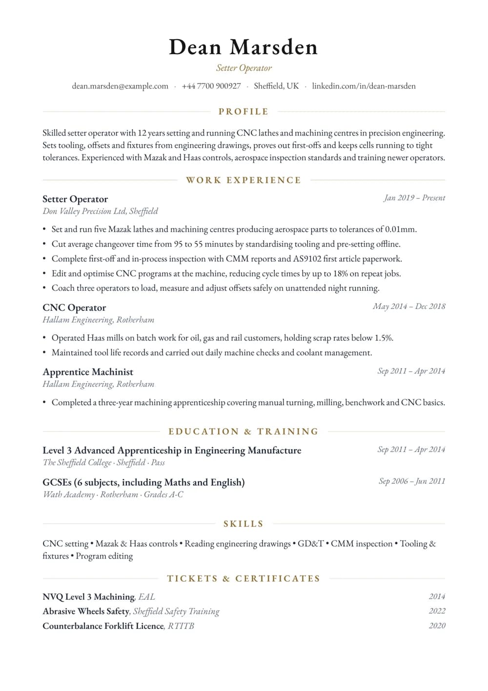 Setter Operator CV template