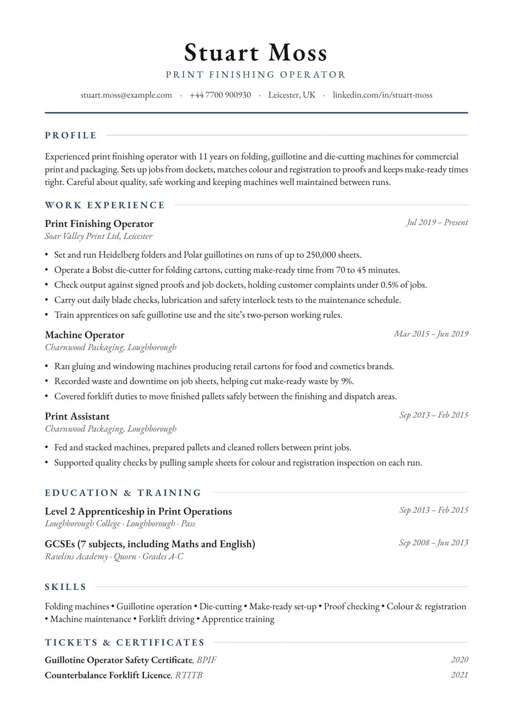 Print Finishing Operator CV template