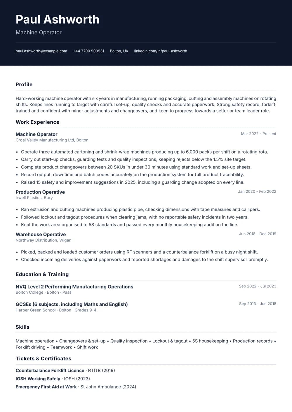 machine operator cv template