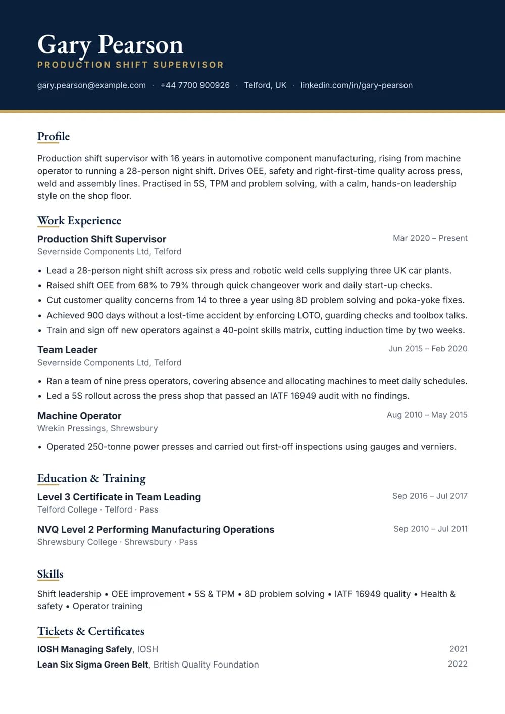 production shift supervisor cv template