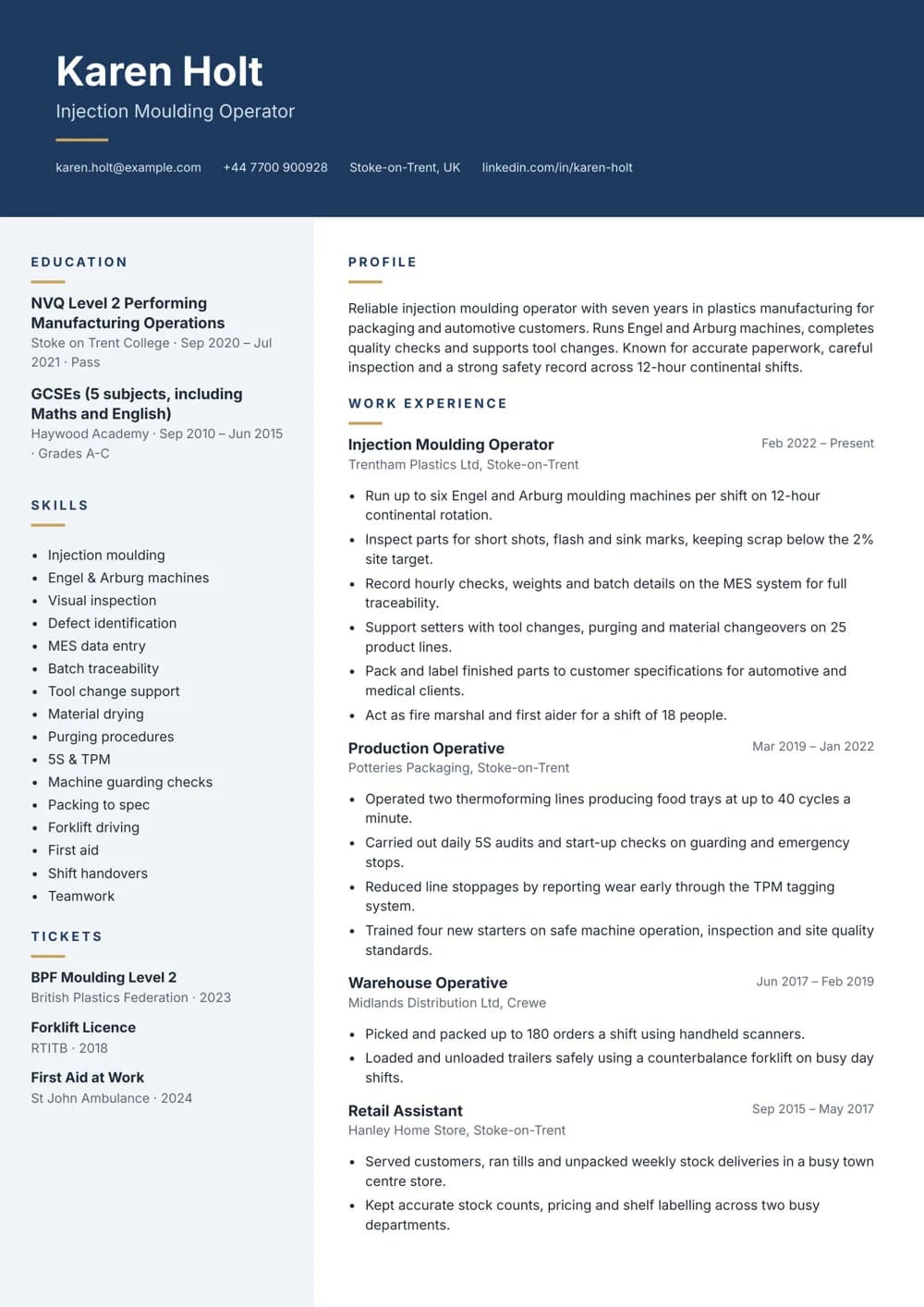 Injection Moulding Operator CV template