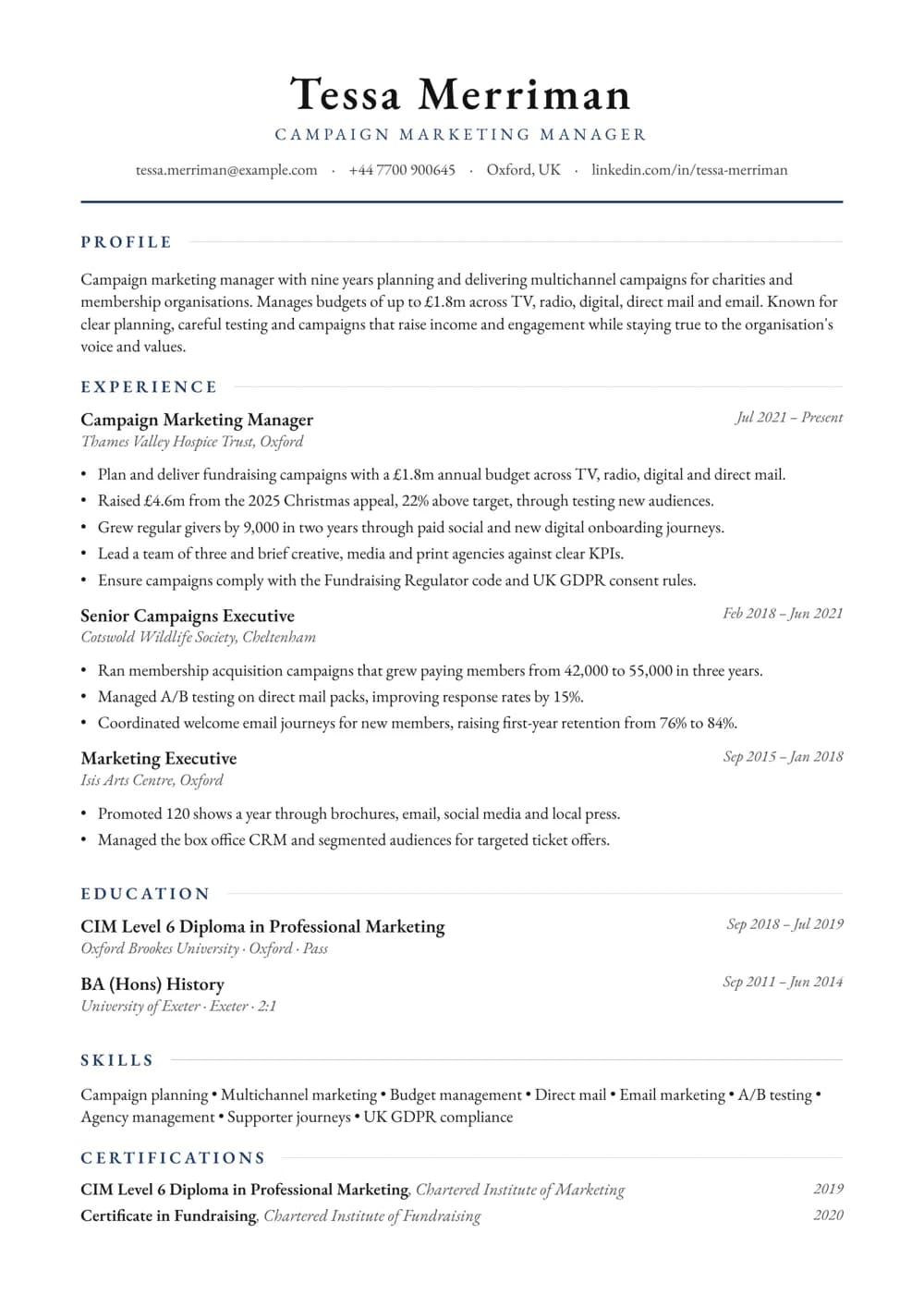 Campaign Marketing Manager CV template