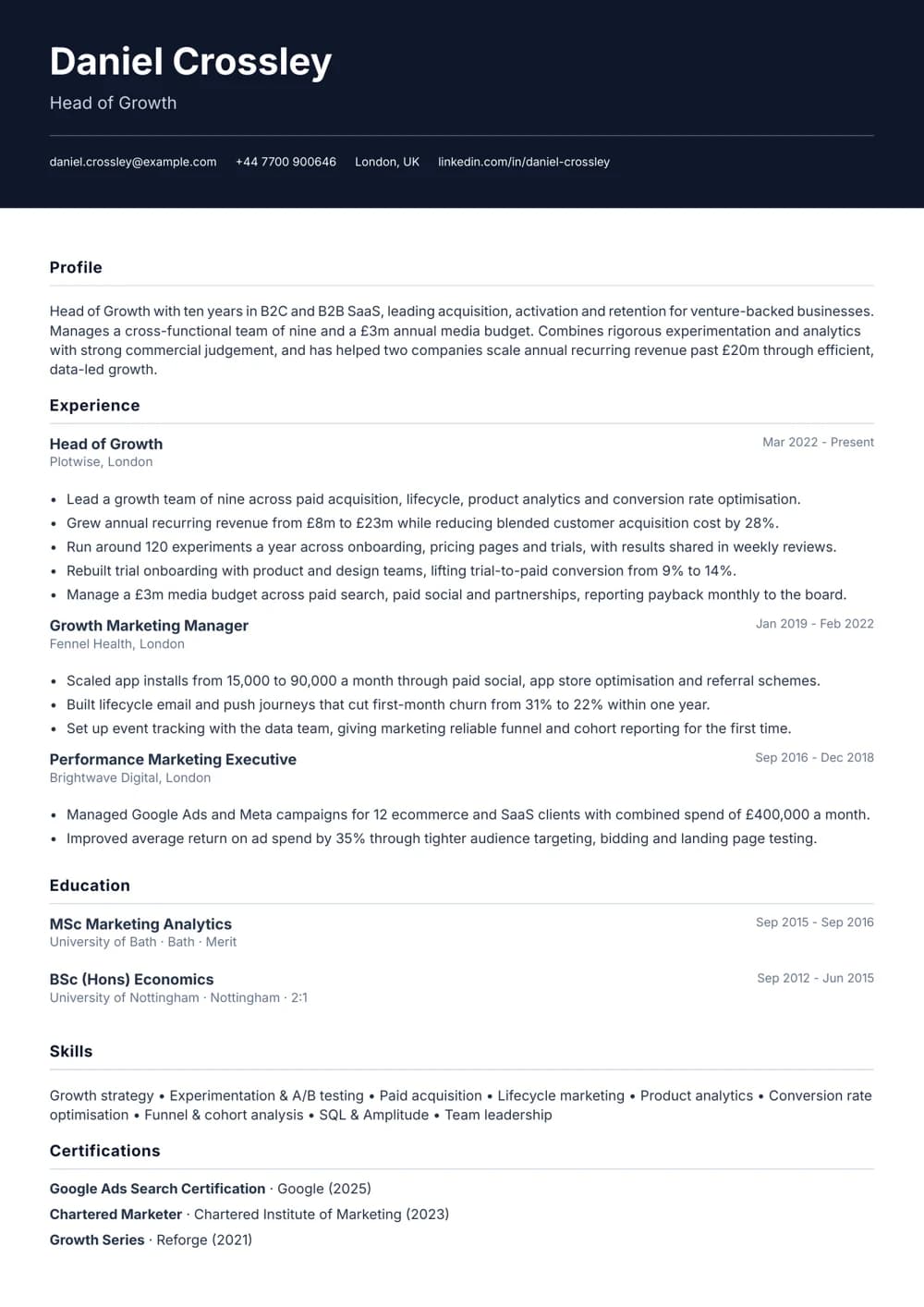 head of growth cv template