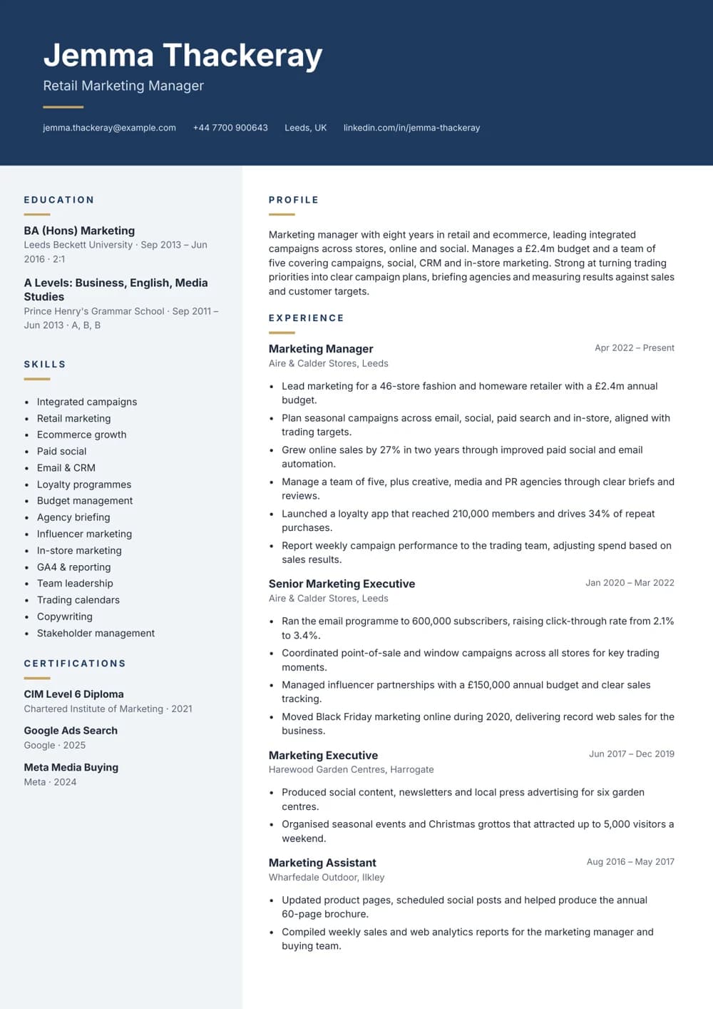 Retail Marketing Manager CV template