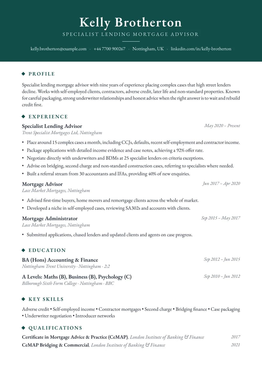 specialist lending advisor cv template