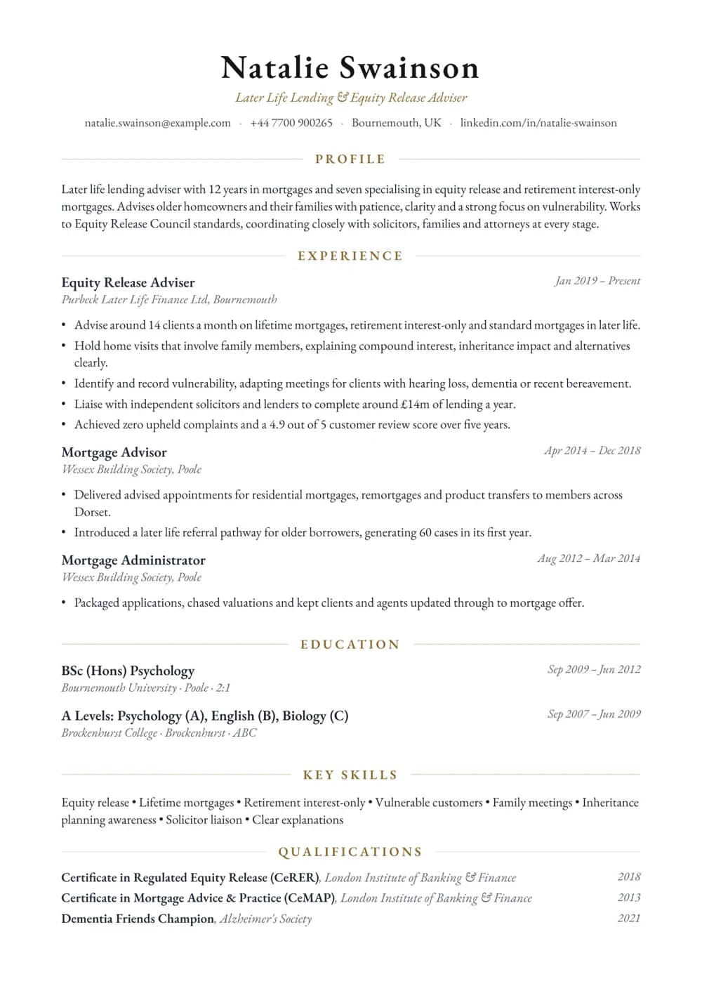 Equity Release Adviser CV template