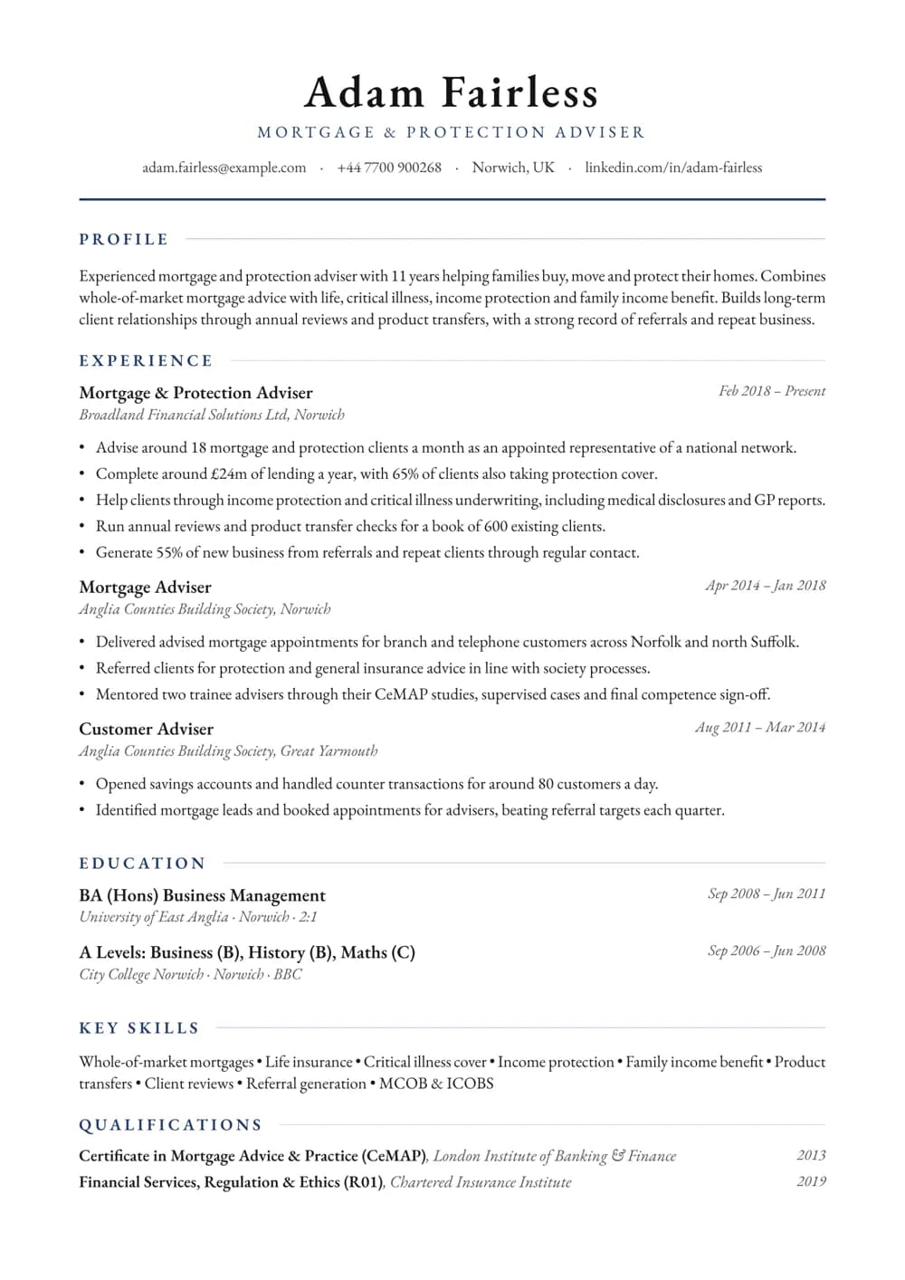 Protection & Mortgage Adviser CV template